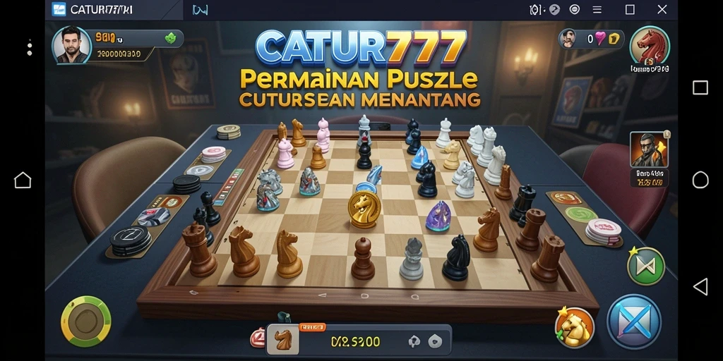Screenshot menunjukkan gameplay seru dan puzzle catur yang menantang.