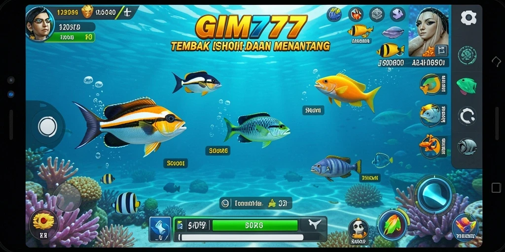 Tampilan gameplay GIM777 dengan berbagai ikan yang menunggu untuk ditangkap.