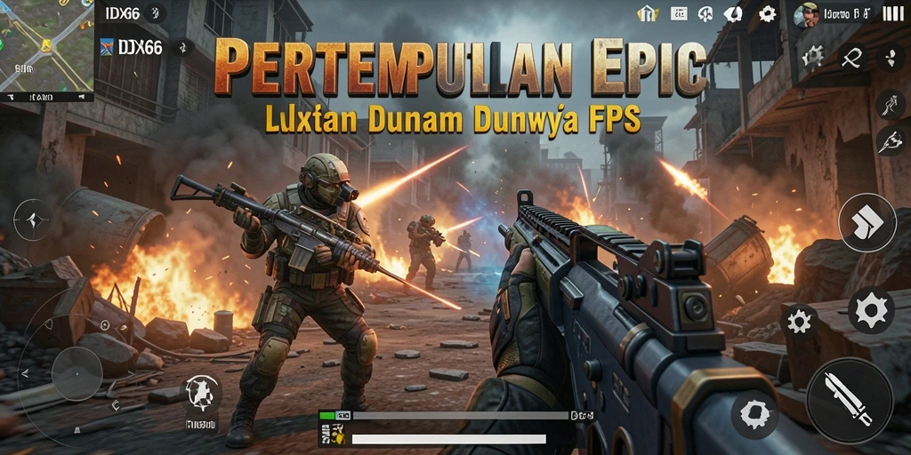 Screenshot gameplay IDX66 menampilkan aksi pertempuran FPS yang intens.