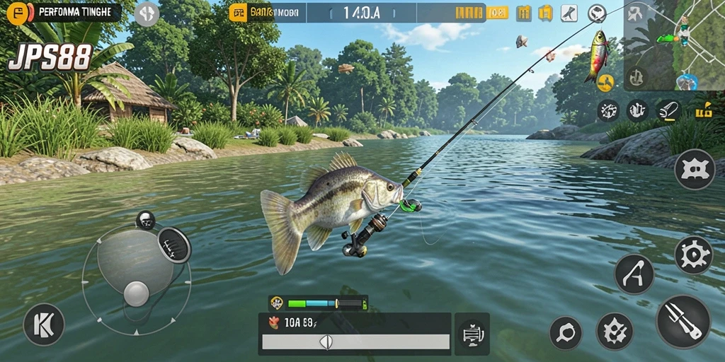 Screenshot gameplay <strong>JPS88</strong> menunjukkan momen seru saat memancing di lokasi indah.
