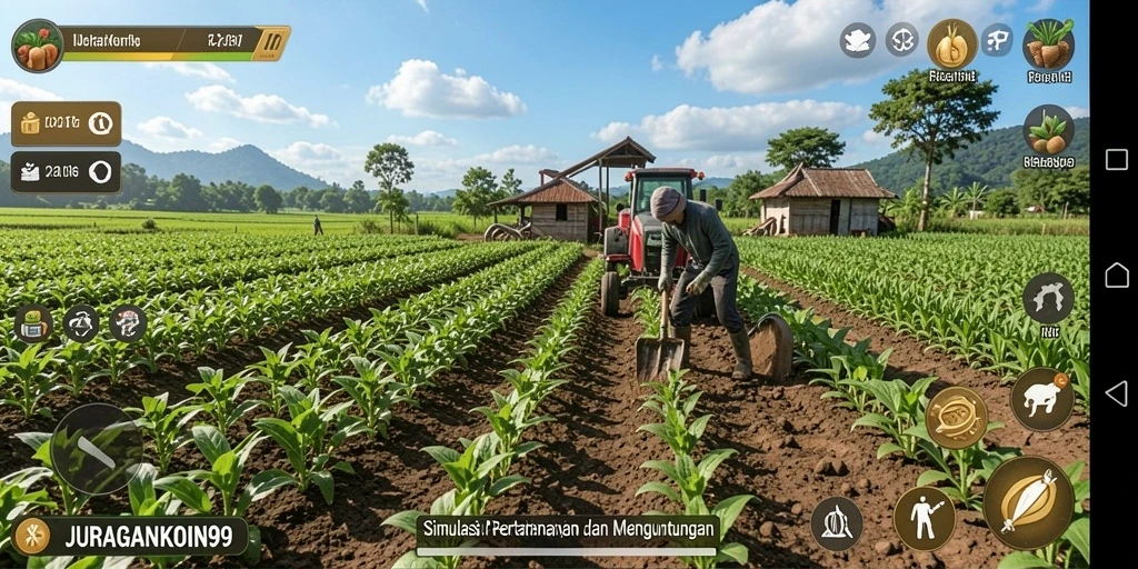 Tampilan gameplay <strong>JURAGANKOIN99</strong> dengan aktivitas pertanian yang seru dan interaktif.