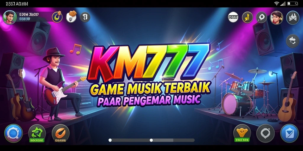 Screenshot utama KM777 menunjukkan gameplay seru dengan berbagai lagu.