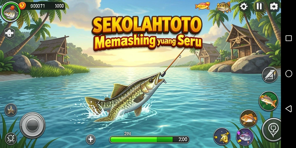 Screenshot gameplay SEKOLAHTOTO dengan aksi memancing yang mendebarkan.
